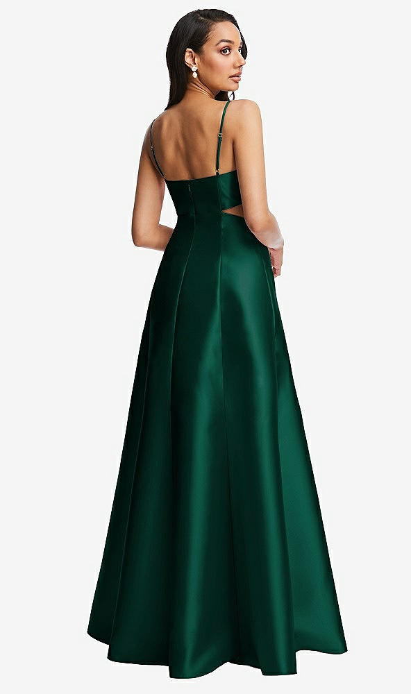 Back View - Hunter Green Open Neckline Cutout Satin Twill A-Line Gown with Pockets