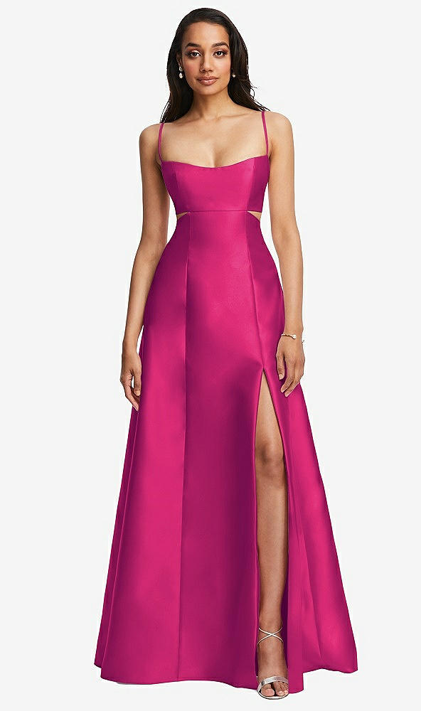 Front View - Think Pink Open Neckline Cutout Satin Twill A-Line Gown with Pockets