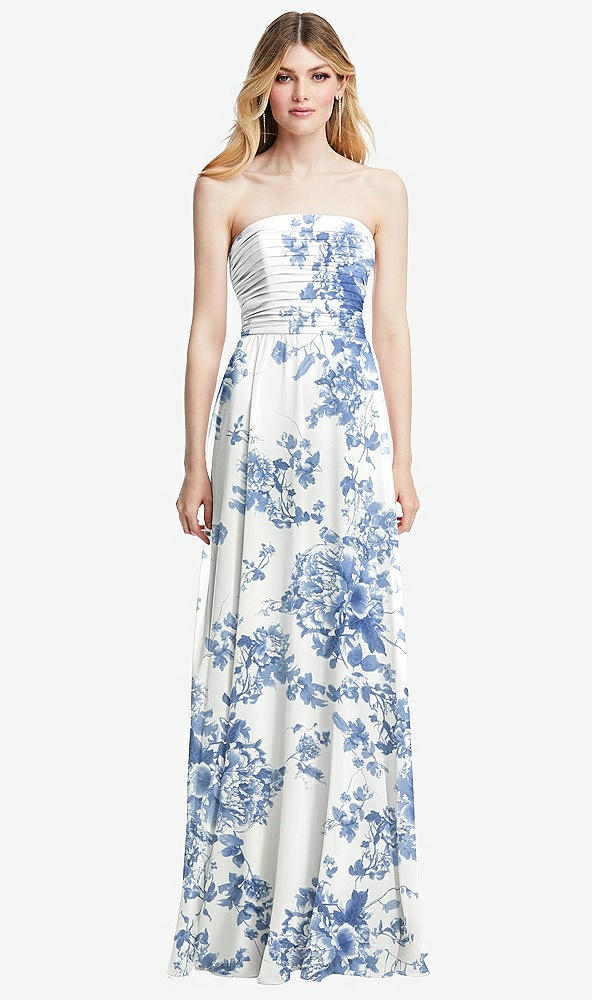 Front View - Cottage Rose Dusk Blue Shirred Bodice Strapless Chiffon Maxi Dress with Optional Straps