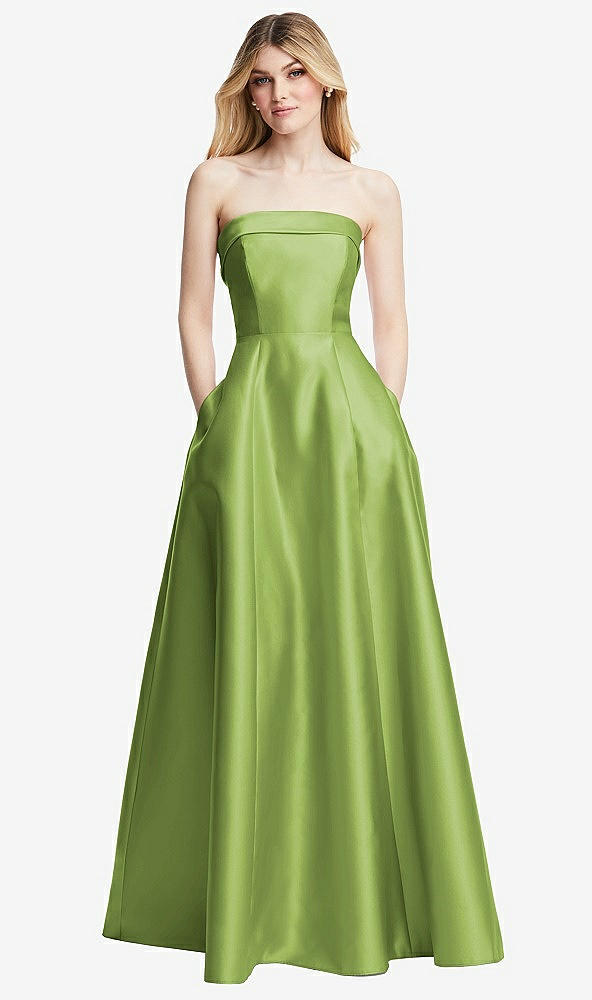 Front View - Mojito Strapless Bias Cuff Bodice Satin Gown with Pockets