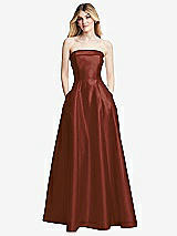 Front View Thumbnail - Auburn Moon Strapless Bias Cuff Bodice Satin Gown with Pockets