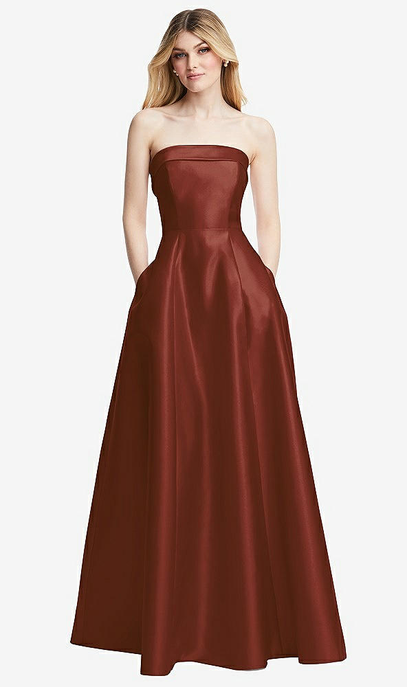Front View - Auburn Moon Strapless Bias Cuff Bodice Satin Gown with Pockets