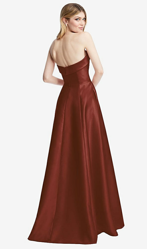 Back View - Auburn Moon Strapless Bias Cuff Bodice Satin Gown with Pockets