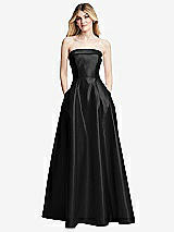Front View Thumbnail - Black Strapless Bias Cuff Bodice Satin Gown with Pockets