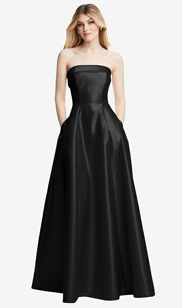 Front View - Black Strapless Bias Cuff Bodice Satin Gown with Pockets