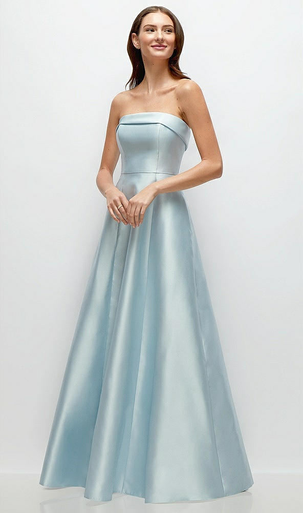 Front View - French Blue Strapless Bias Cuff Bodice Satin Gown with Pockets
