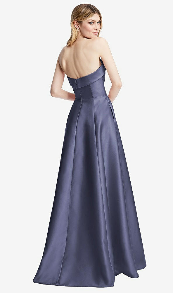 Back View - French Blue Strapless Bias Cuff Bodice Satin Gown with Pockets