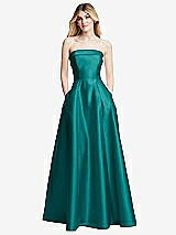 Front View Thumbnail - Jade Strapless Bias Cuff Bodice Satin Gown with Pockets