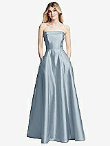 Front View Thumbnail - Mist Strapless Bias Cuff Bodice Satin Gown with Pockets