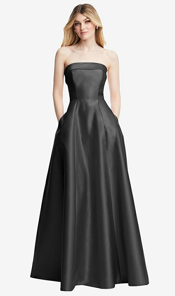 Front View - Pewter Strapless Bias Cuff Bodice Satin Gown with Pockets