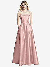 Front View Thumbnail - Rose - PANTONE Rose Quartz Strapless Bias Cuff Bodice Satin Gown with Pockets