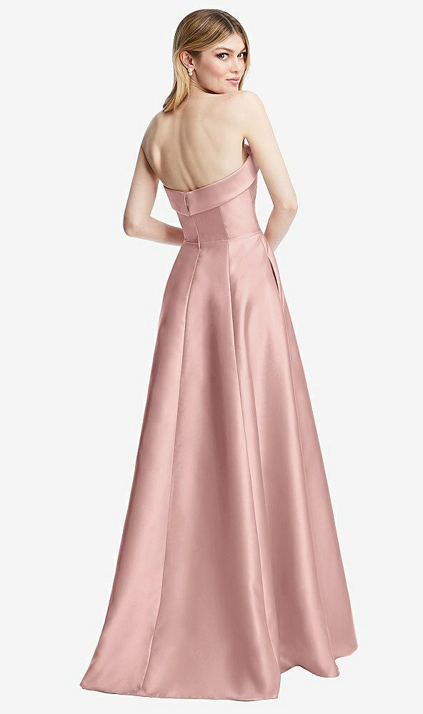 Back View - Rose - PANTONE Rose Quartz Strapless Bias Cuff Bodice Satin Gown with Pockets