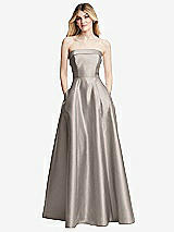 Front View Thumbnail - Taupe Strapless Bias Cuff Bodice Satin Gown with Pockets