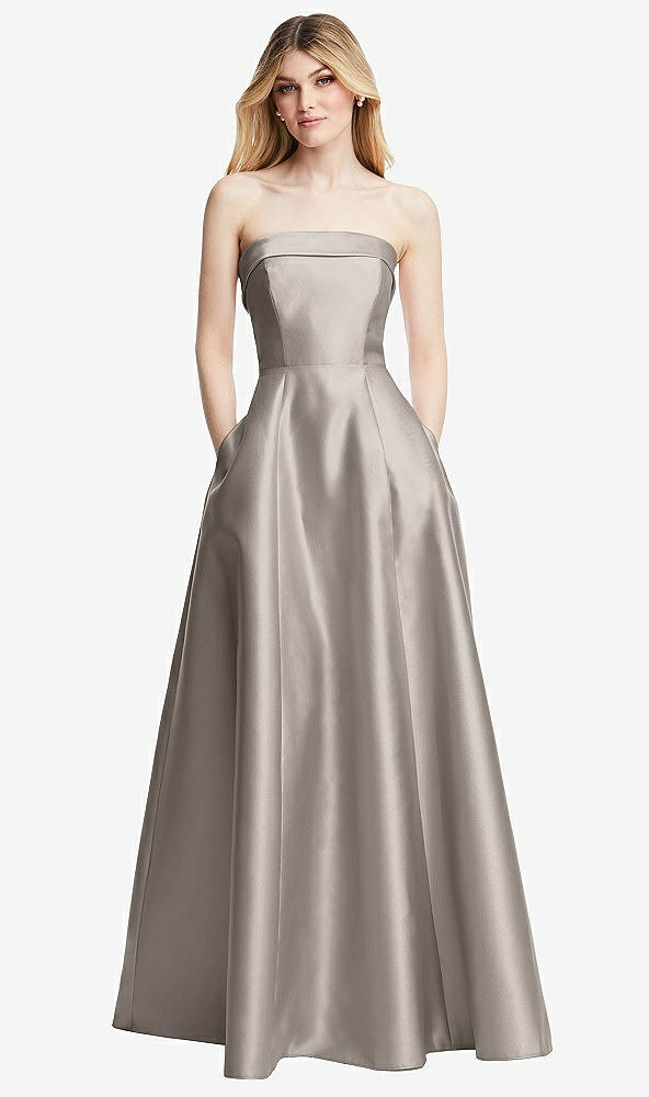 Front View - Taupe Strapless Bias Cuff Bodice Satin Gown with Pockets