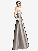 Side View Thumbnail - Taupe Strapless Bias Cuff Bodice Satin Gown with Pockets
