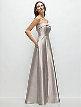 Rear View Thumbnail - Taupe Strapless Bias Cuff Bodice Satin Gown with Pockets