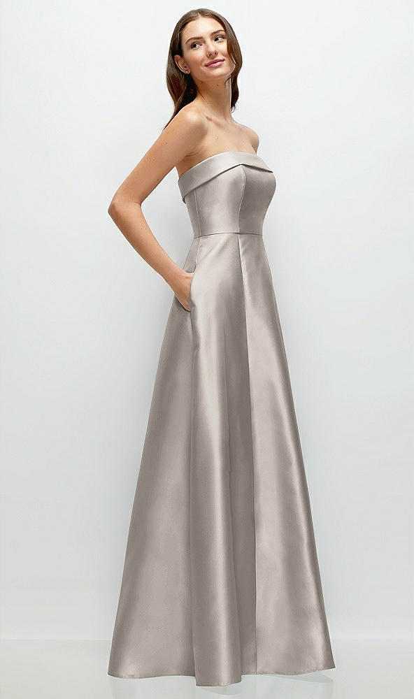 Back View - Taupe Strapless Bias Cuff Bodice Satin Gown with Pockets