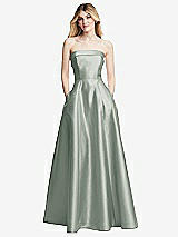 Front View Thumbnail - Willow Green Strapless Bias Cuff Bodice Satin Gown with Pockets