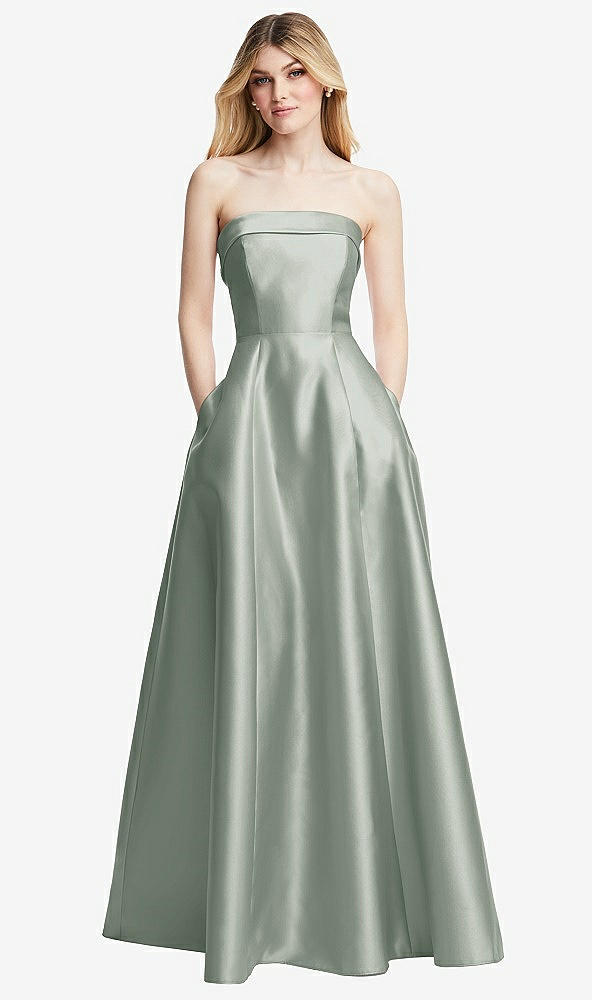 Front View - Willow Green Strapless Bias Cuff Bodice Satin Gown with Pockets