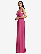 Side View Thumbnail - Tea Rose Pleated V-Neck Closed Back Trumpet Gown with Draped Front Slit