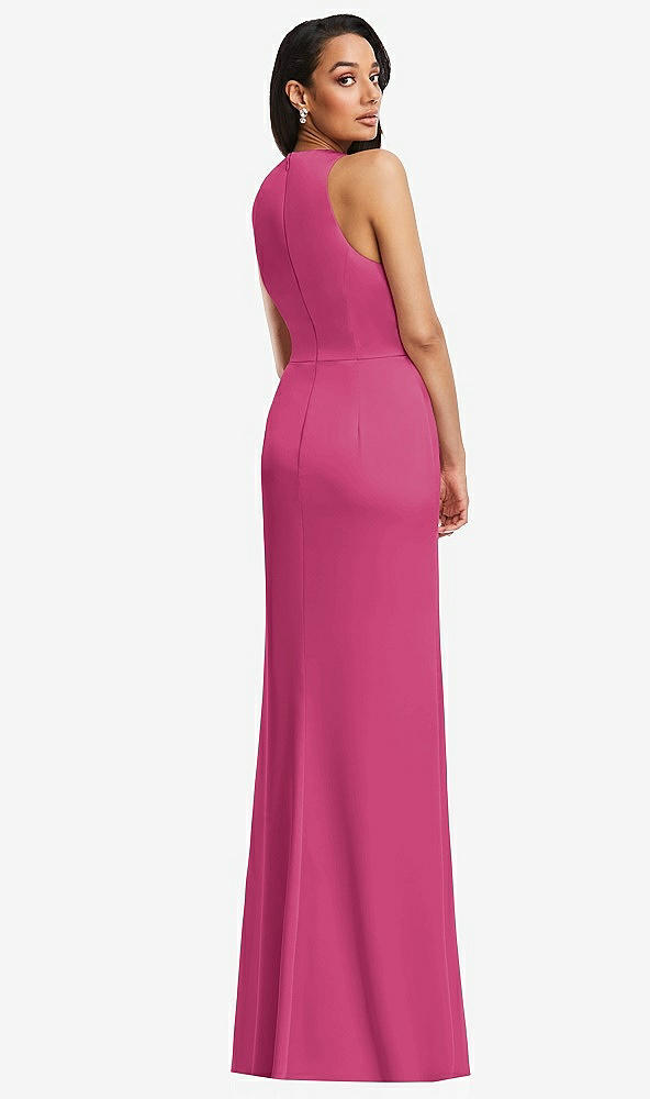 Back View - Tea Rose Pleated V-Neck Closed Back Trumpet Gown with Draped Front Slit