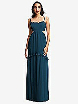 Front View Thumbnail - Atlantic Blue Ruffle-Trimmed Cutout Tie-Back Maxi Dress with Tiered Skirt