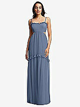 Front View Thumbnail - Larkspur Blue Ruffle-Trimmed Cutout Tie-Back Maxi Dress with Tiered Skirt