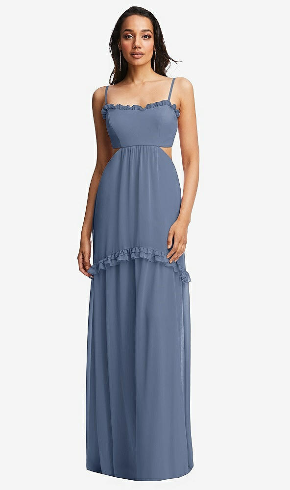 Front View - Larkspur Blue Ruffle-Trimmed Cutout Tie-Back Maxi Dress with Tiered Skirt