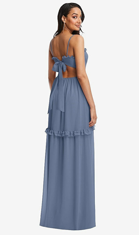 Back View - Larkspur Blue Ruffle-Trimmed Cutout Tie-Back Maxi Dress with Tiered Skirt