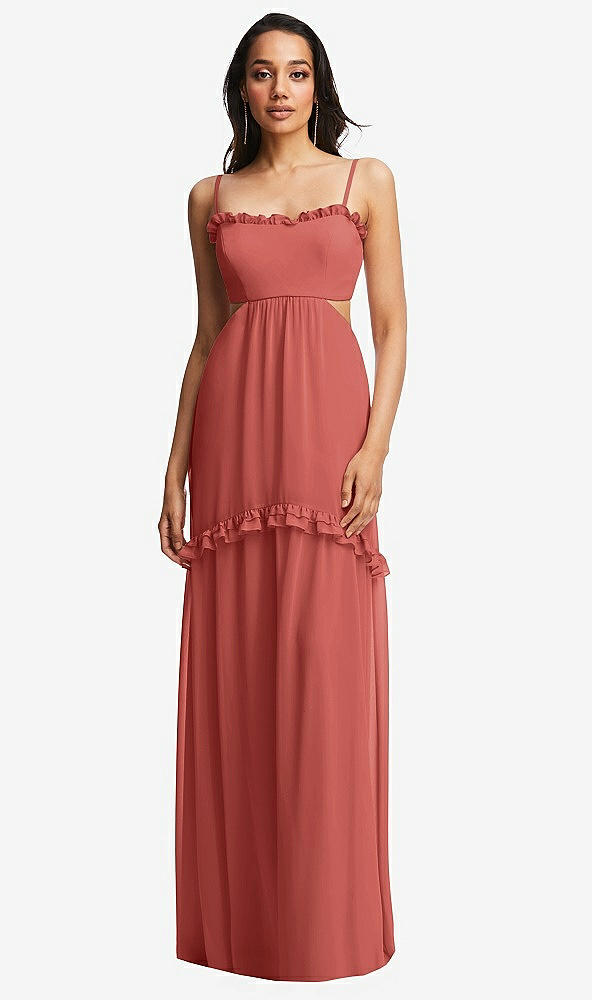 Front View - Coral Pink Ruffle-Trimmed Cutout Tie-Back Maxi Dress with Tiered Skirt