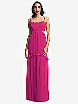 Front View Thumbnail - Think Pink Ruffle-Trimmed Cutout Tie-Back Maxi Dress with Tiered Skirt