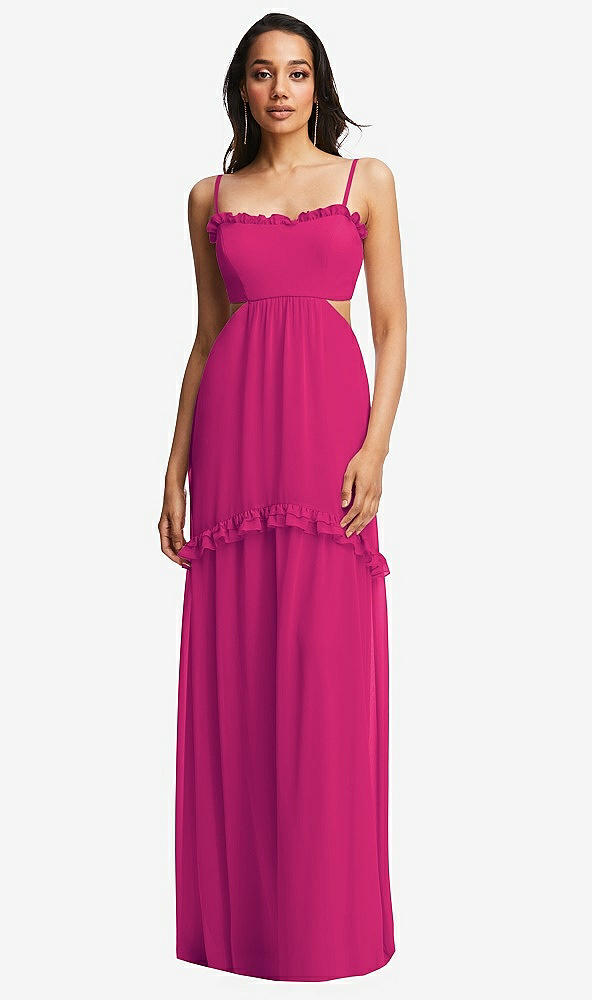 Front View - Think Pink Ruffle-Trimmed Cutout Tie-Back Maxi Dress with Tiered Skirt