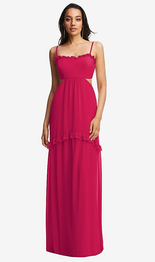 Front View - Vivid Pink Ruffle-Trimmed Cutout Tie-Back Maxi Dress with Tiered Skirt