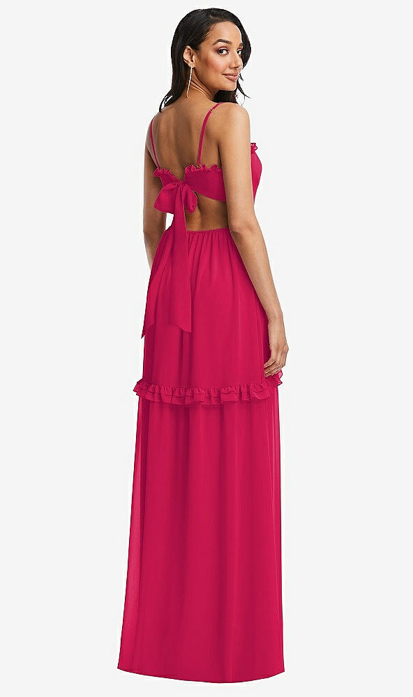 Back View - Vivid Pink Ruffle-Trimmed Cutout Tie-Back Maxi Dress with Tiered Skirt