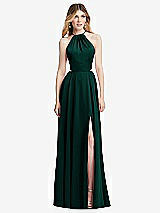 Front View Thumbnail - Evergreen Halter Cross-Strap Gathered Tie-Back Cutout Maxi Dress