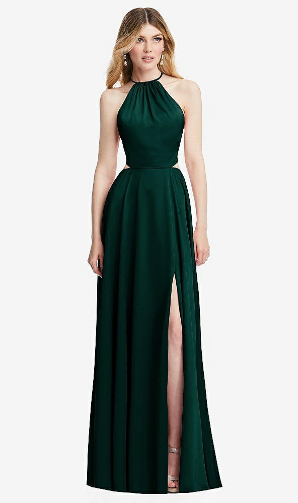 Front View - Evergreen Halter Cross-Strap Gathered Tie-Back Cutout Maxi Dress