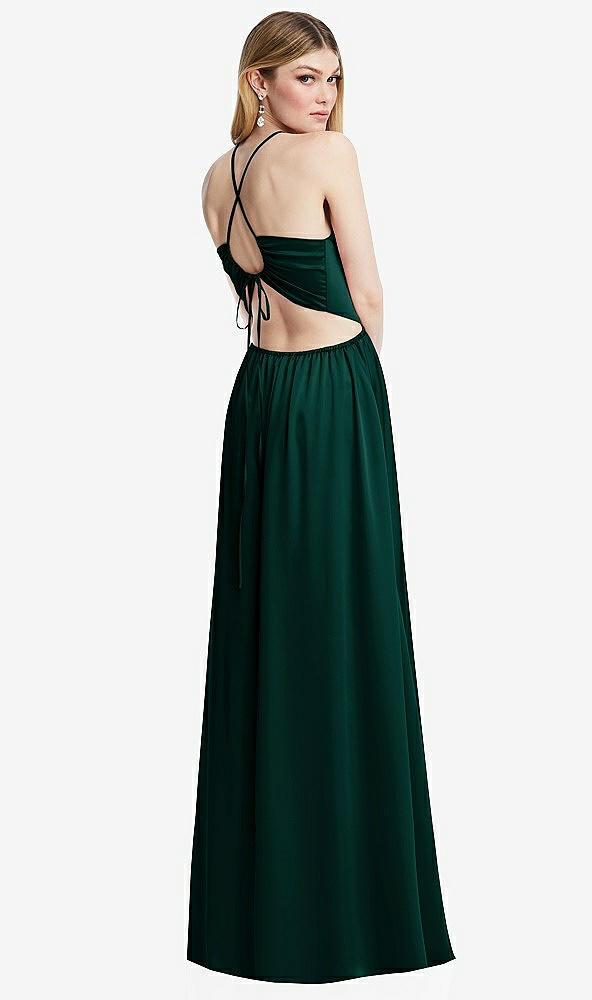 Back View - Evergreen Halter Cross-Strap Gathered Tie-Back Cutout Maxi Dress