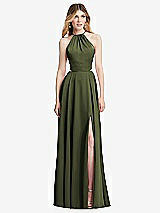 Front View Thumbnail - Olive Green Halter Cross-Strap Gathered Tie-Back Cutout Maxi Dress