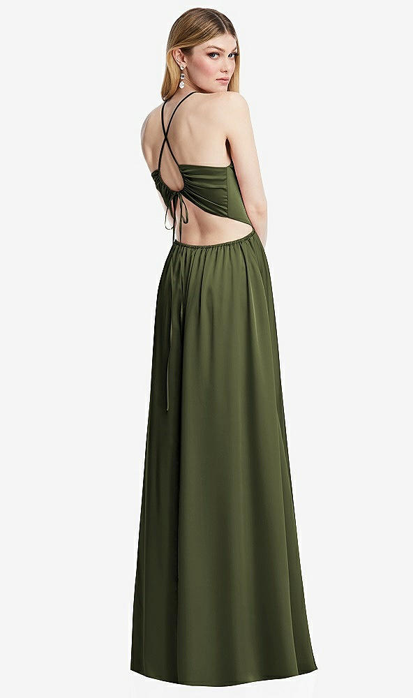 Back View - Olive Green Halter Cross-Strap Gathered Tie-Back Cutout Maxi Dress