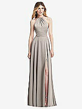 Front View Thumbnail - Taupe Halter Cross-Strap Gathered Tie-Back Cutout Maxi Dress