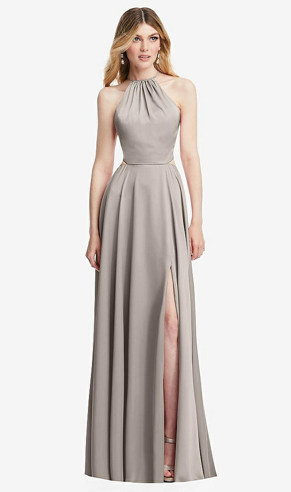 Front View - Taupe Halter Cross-Strap Gathered Tie-Back Cutout Maxi Dress