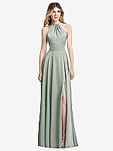 Front View Thumbnail - Willow Green Halter Cross-Strap Gathered Tie-Back Cutout Maxi Dress