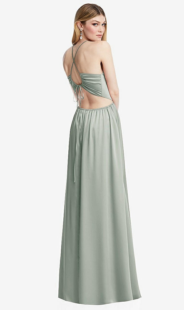 Back View - Willow Green Halter Cross-Strap Gathered Tie-Back Cutout Maxi Dress