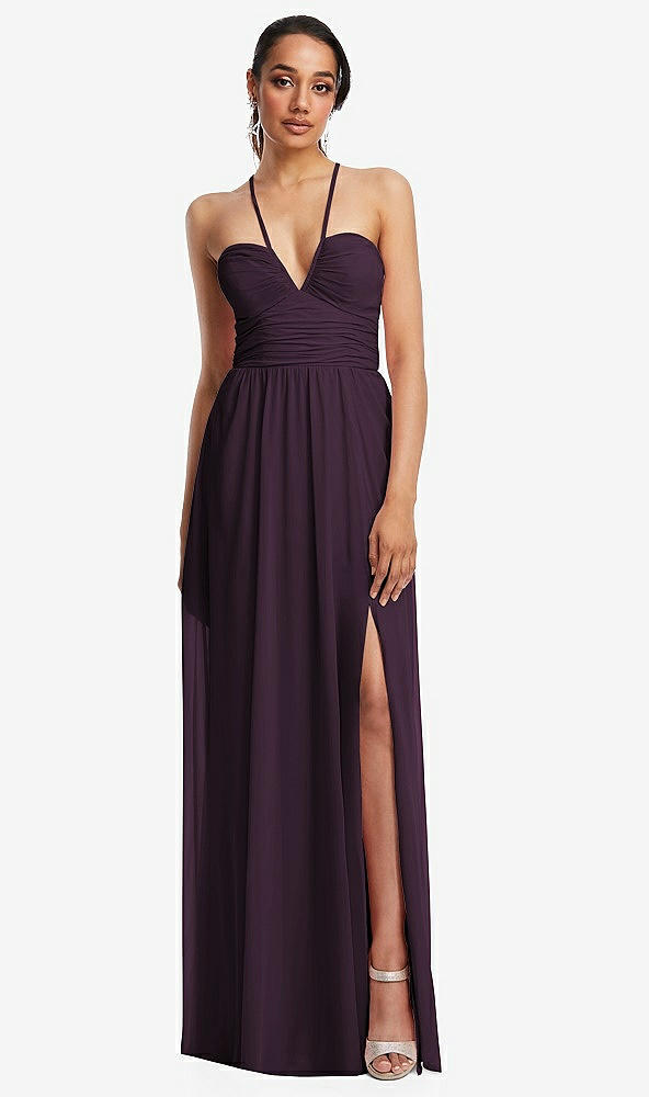 Front View - Aubergine Plunging V-Neck Criss Cross Strap Back Maxi Dress