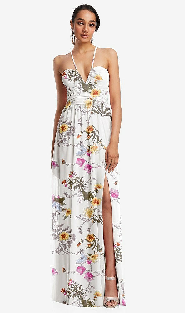 Front View - Butterfly Botanica Ivory Plunging V-Neck Criss Cross Strap Back Maxi Dress