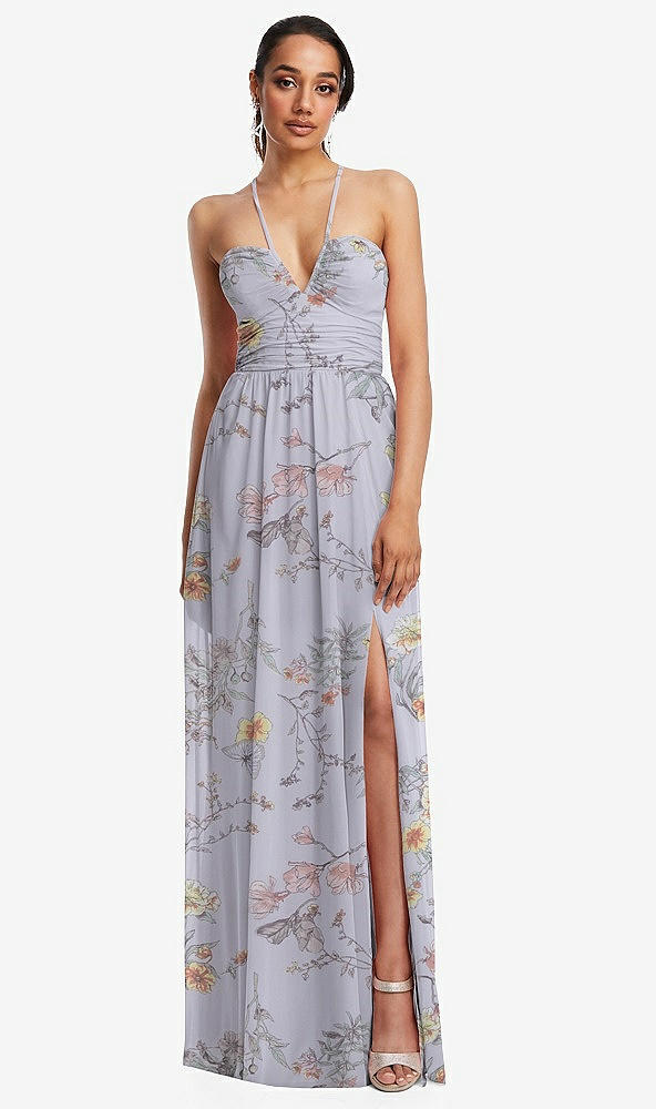 Front View - Butterfly Botanica Silver Dove Plunging V-Neck Criss Cross Strap Back Maxi Dress