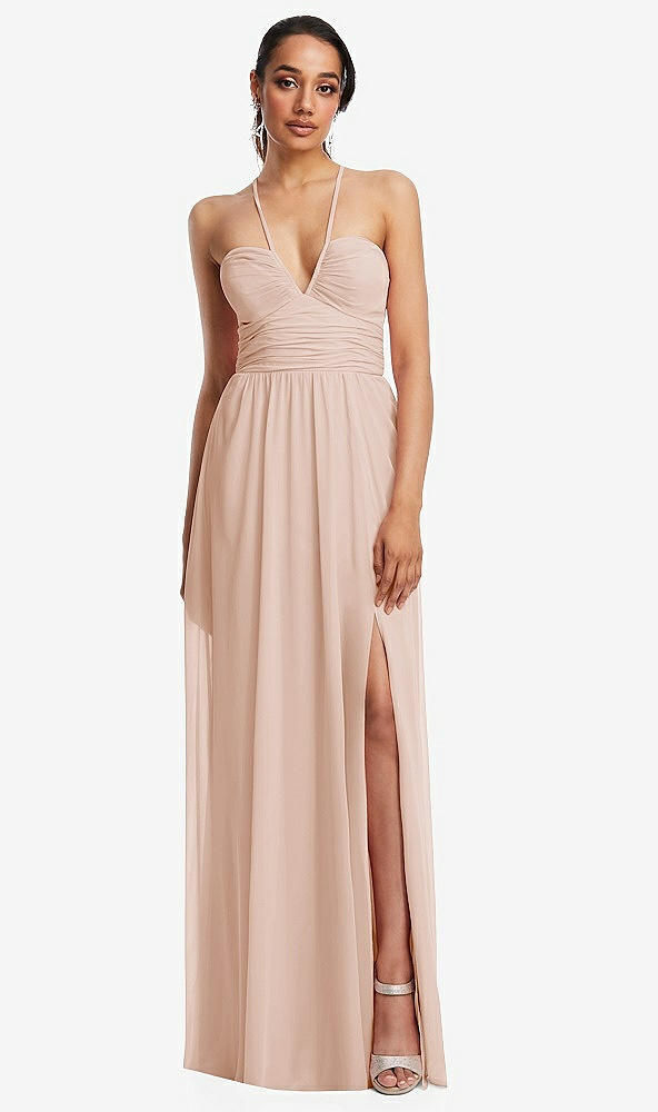 Front View - Cameo Plunging V-Neck Criss Cross Strap Back Maxi Dress