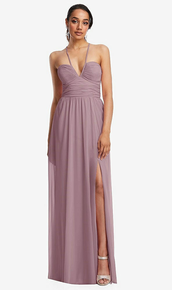 Front View - Dusty Rose Plunging V-Neck Criss Cross Strap Back Maxi Dress