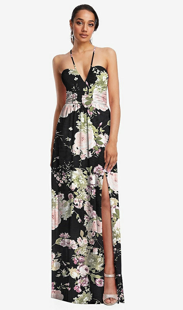 Front View - Noir Garden Plunging V-Neck Criss Cross Strap Back Maxi Dress
