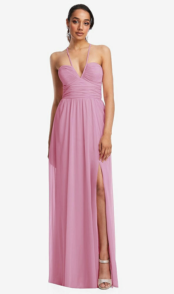 Front View - Powder Pink Plunging V-Neck Criss Cross Strap Back Maxi Dress